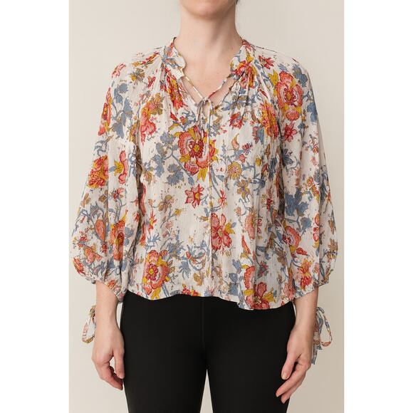 Nicole Miller Boho Floral Peasant Blouse Women’s Size XL Long Sleeve Tie Neck - Picture 1 of 7